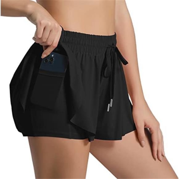 Women 2 in 1 Flowy Butterfly Running Shorts with Spandex Underneath and Pocket - Picture 4 of 6